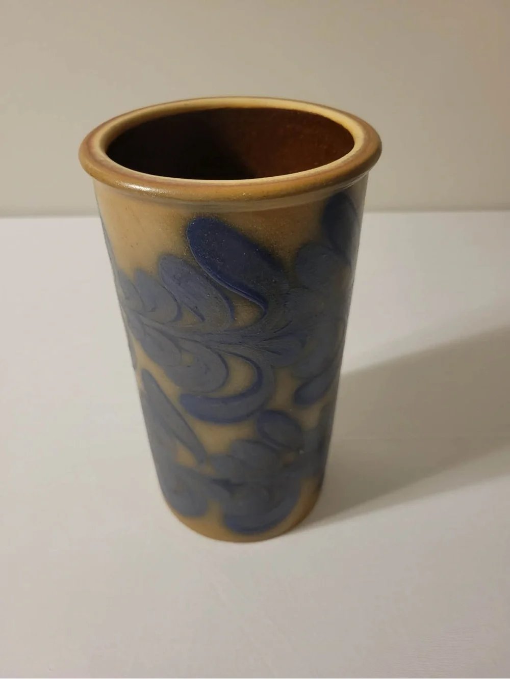 Handmade Pottery Vase with Blue Leaf Design